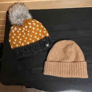 Women’s Tan Knit Beanie and winter hat with fuzzy ball